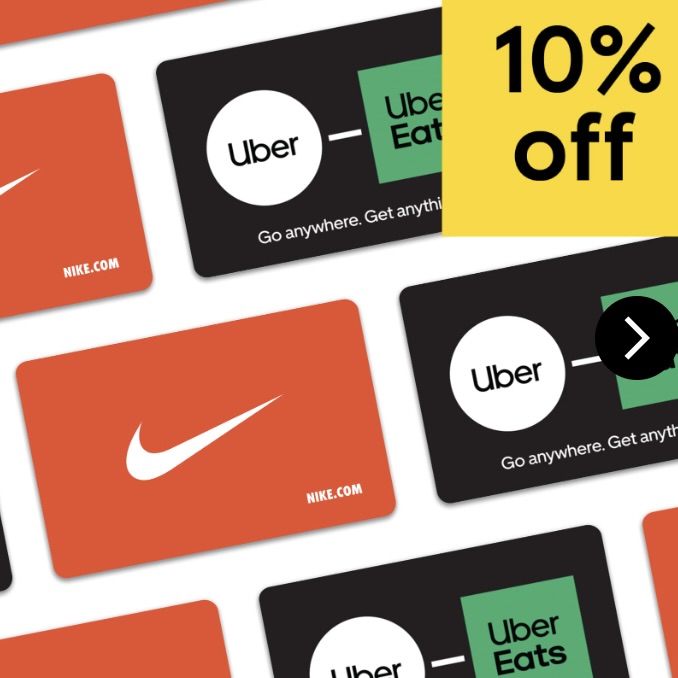 10% off selected e-gift cards - Nike (£1 to £500) / Uber & Uber Eats (£15 to £150)