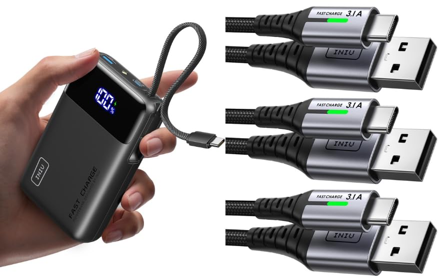 INIU Smallest 45W 20000mAh Power Bank + 3 USB C Wires [3 Pack 0.5+2+2m]