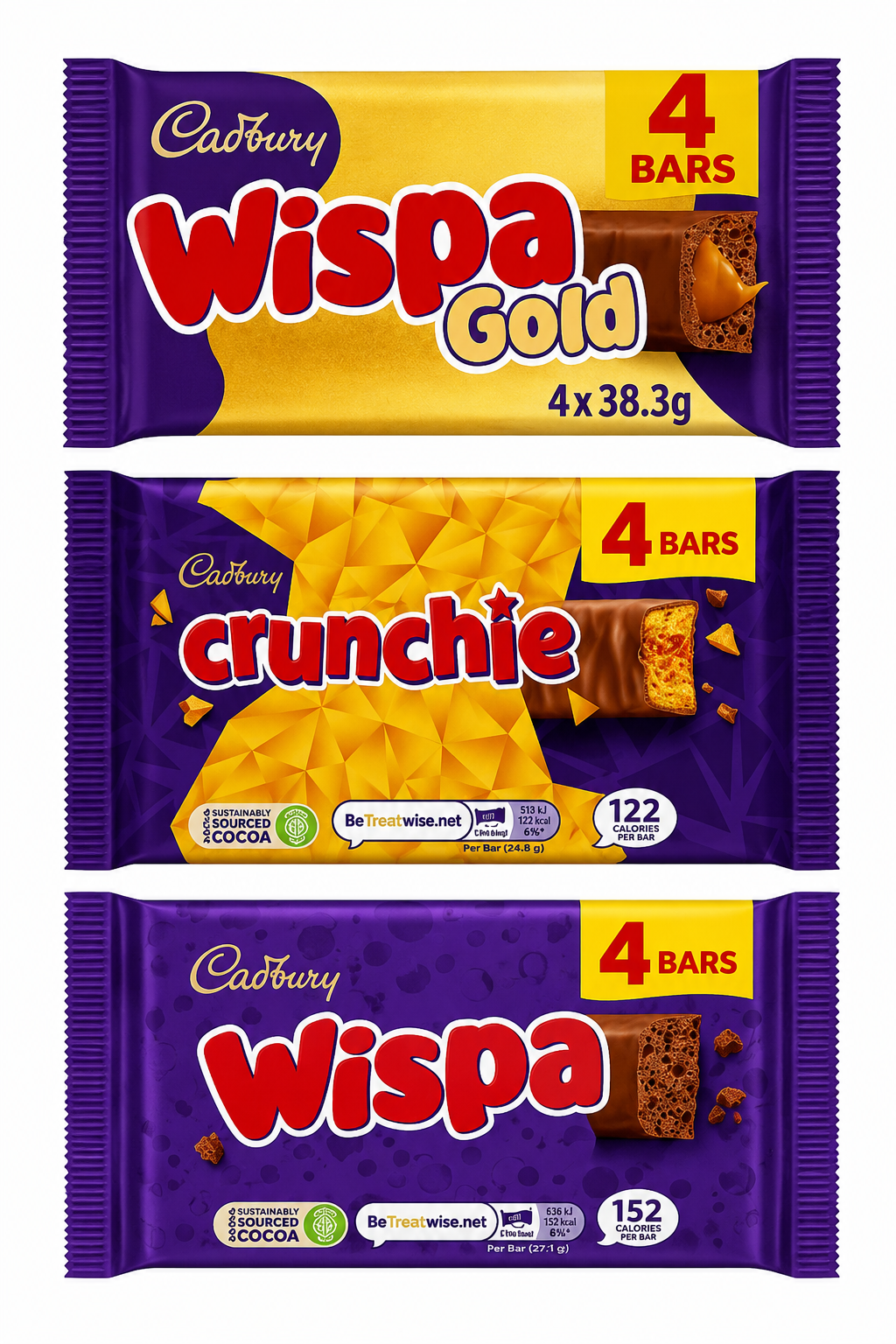 Cadbury Wispa Gold / Cadbury Wispa / Cadbury Crunchie Chocolate Bars 4pk - (S&S £1.42 / £1.28)