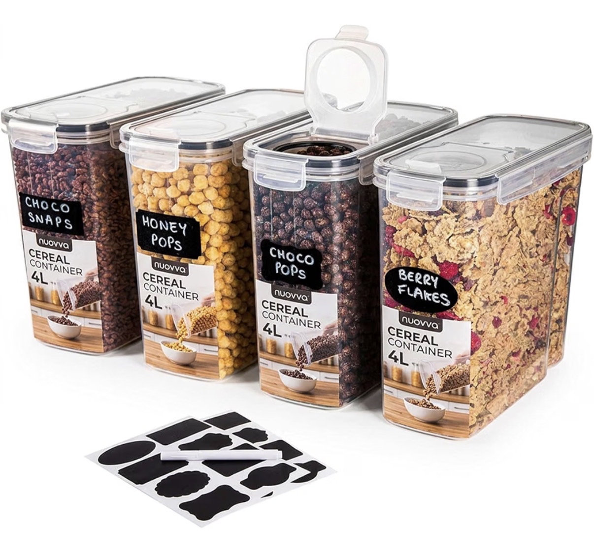 4Pcs Set Plastic Food Storage Containers – Practical Cereal Dispenser – Food Grade and BPA Free - Sold by MALMO / FBA