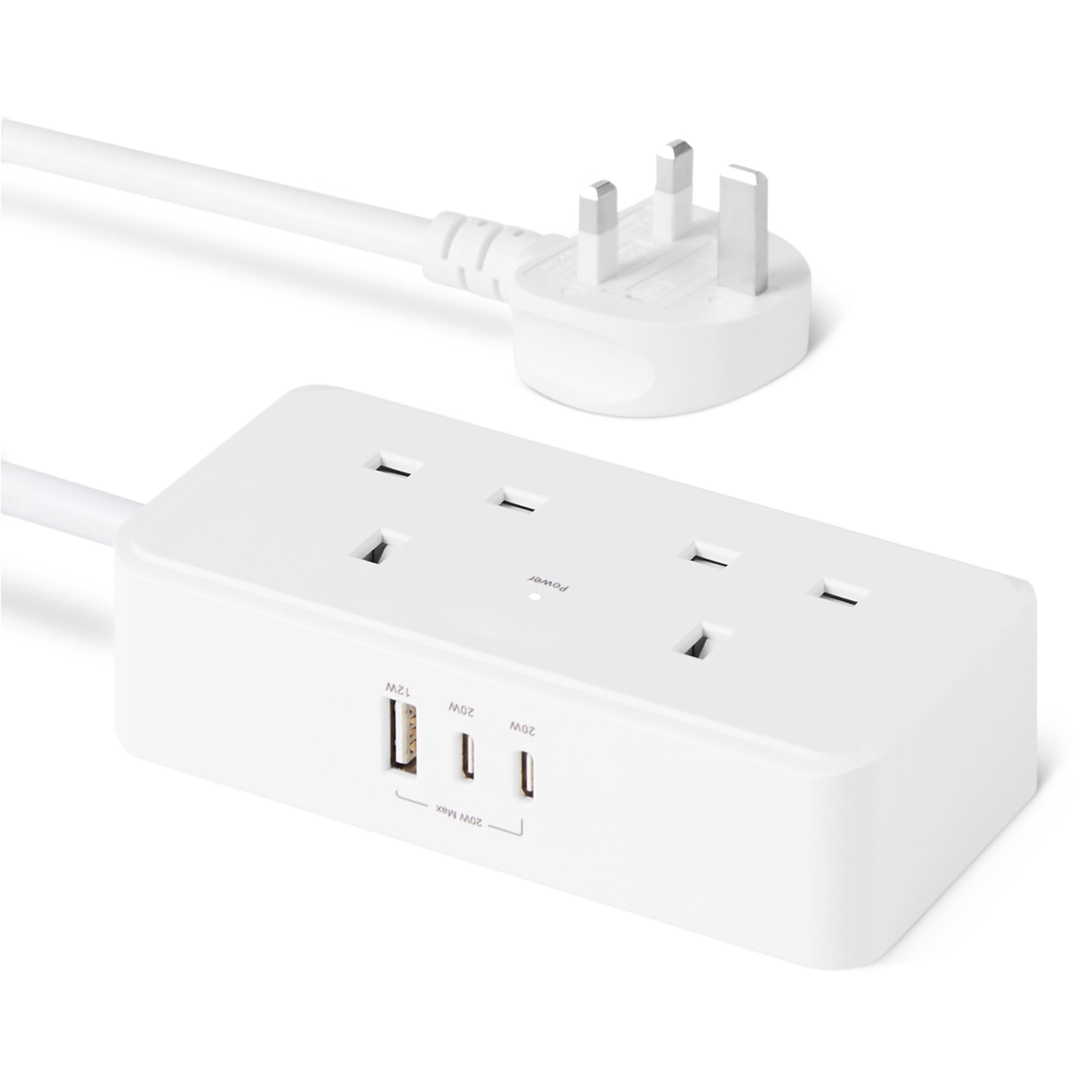 Amazon Basics Power Strip with 2 AC Outlets, 20W USB C Fast Charging, 2 USB C, 1 USB A Port, 5 ft Extension Cord, TUV Listed