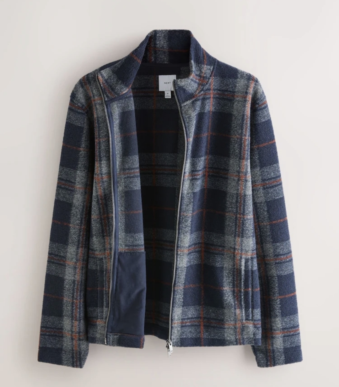 Men's Brown Check Full Zip Funnel Neck Fleece ( XS to 2XL ) - Free click and collect