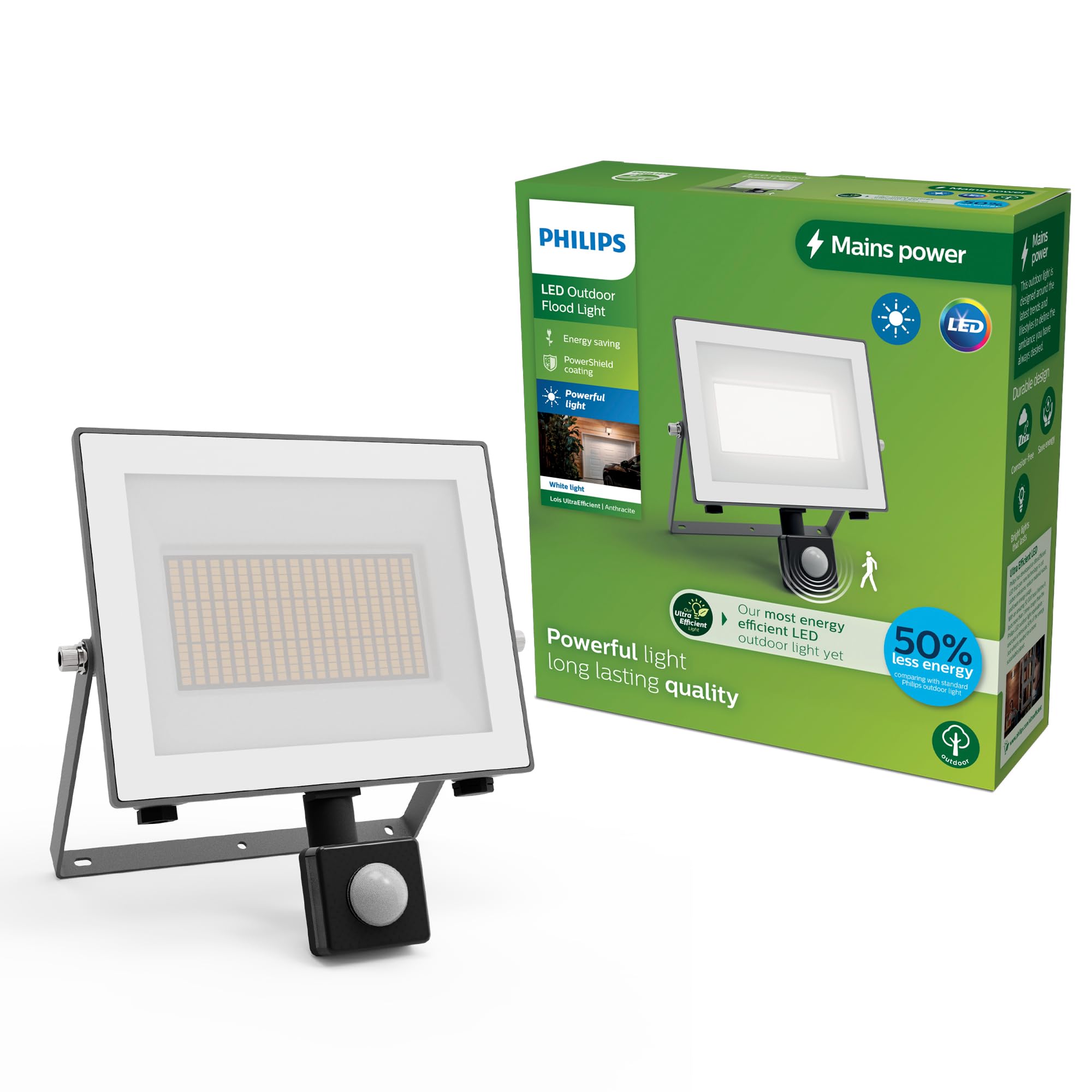 PHILIPS Lois UltraEfficient Outdoor Floodlight, with Motion Sensor, 24 W, 3000 K White Light - Amazpn EU