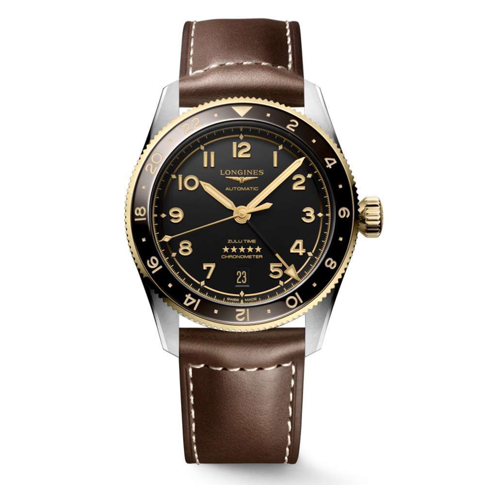 Longines Spirit Zulu Time 39mm Steel & 18k Gold Automatic Watch with Brown Leather Strap, Model: L3.802.5.53.2