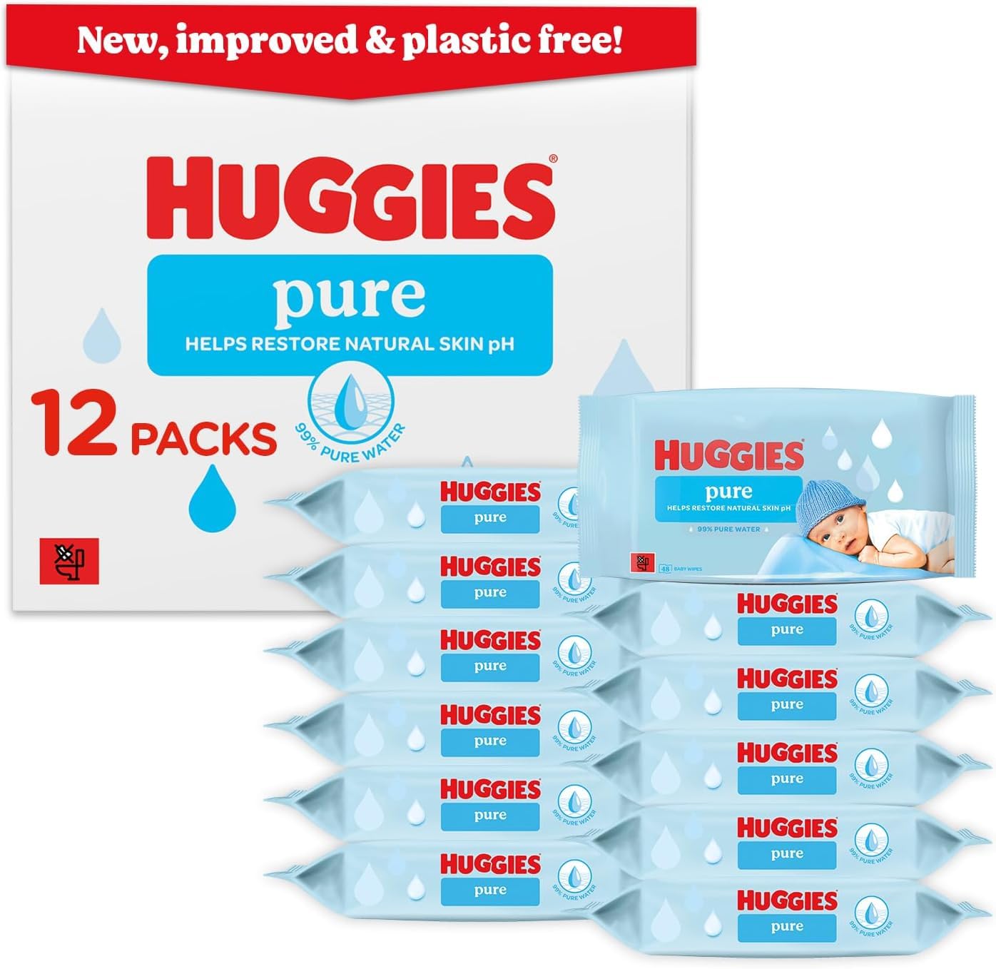 Huggies Pure Plastic Free Baby wipes - 12 packs of 48 wipes