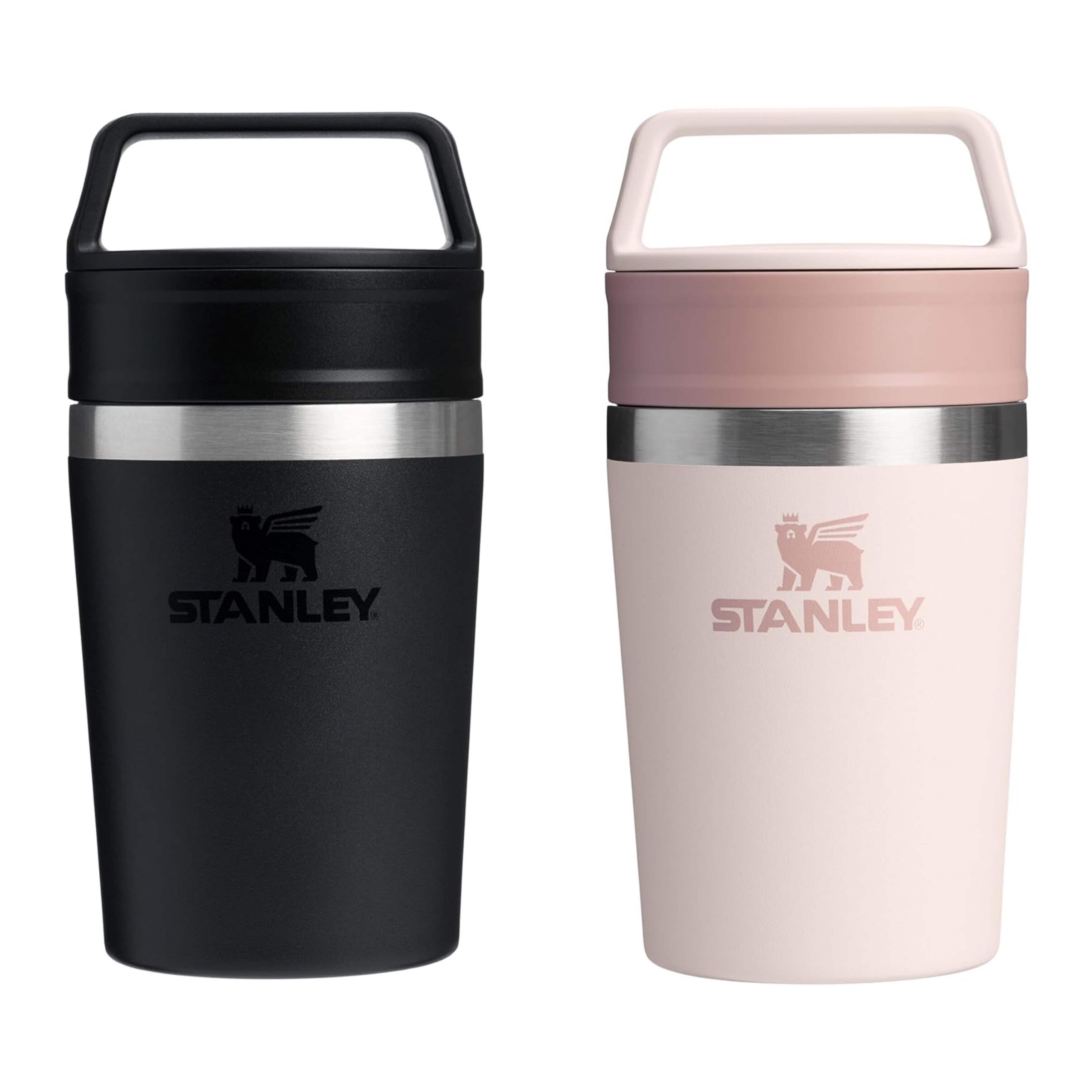STANLEY 1913 Cafe to-Go Travel Mug 0.23L In Black Or Rose Keeps 3 Hours Hot 4 Hours Cold Easy-Carry Handle - Insulated Coffee Cup