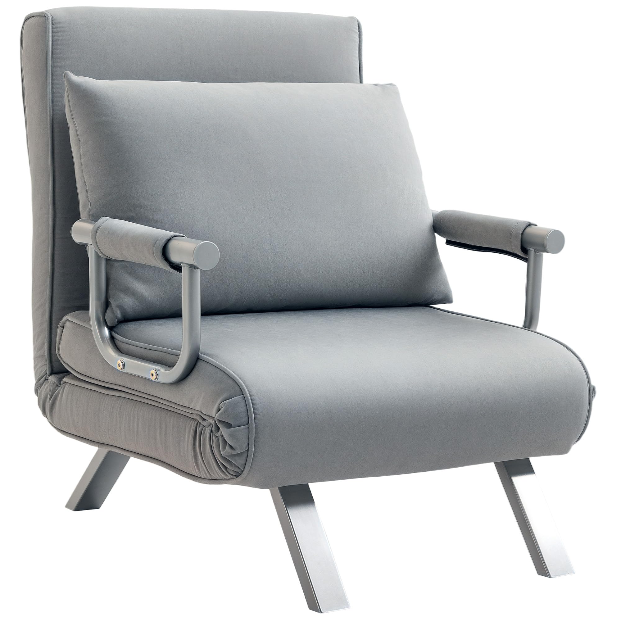 HOMCOM Single Chair Bed Click Clack Convertible Bed Settee Light Grey | Modern Faux Suede Upholstered Lounge Couch, with Pillow