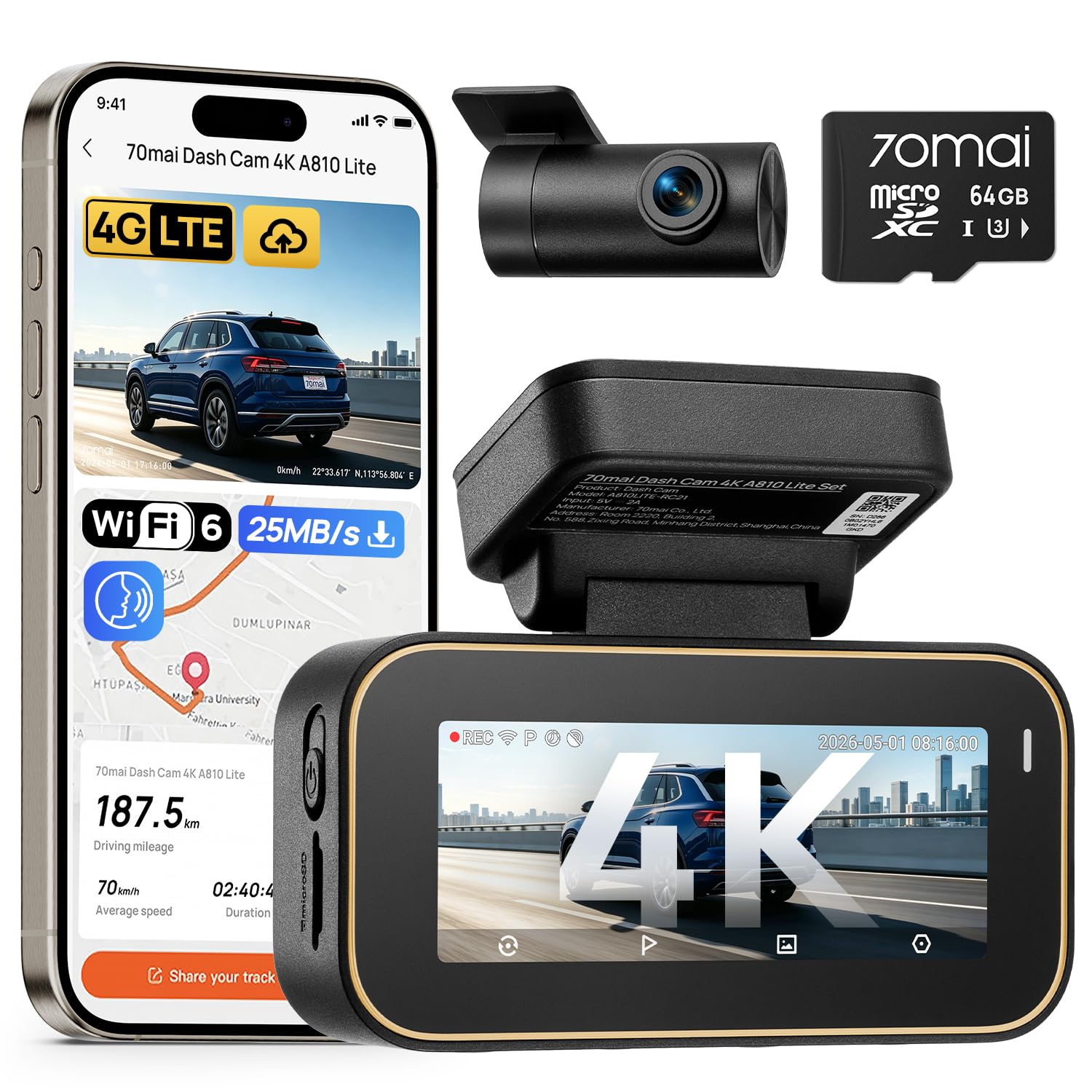 70mai Dash Cam Front and Rear 4K A810 Lite, 5Ghz WiFi 6 Dashcam + 64GB SD Card - sold by 70mai-EU / FBA
