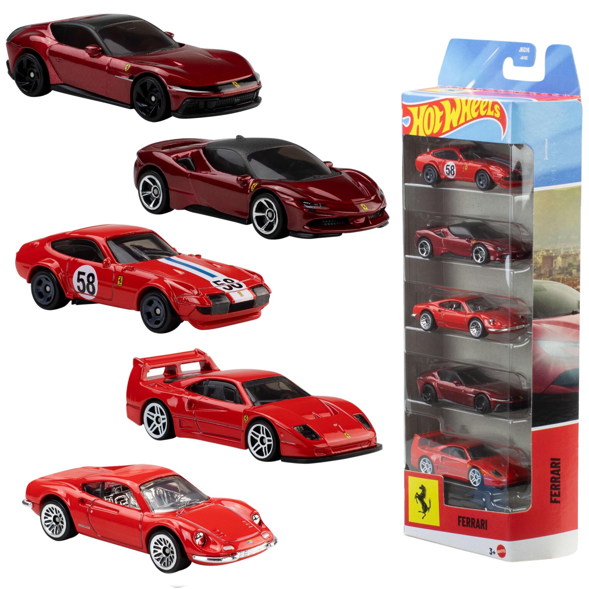 Hot Wheels 5-Pack of Ferrari 1:64 Scale Cars Officially Licensed Set of 5 Die-Cast Ferrari Vehicles for Play or Display, Collectible, JLN12