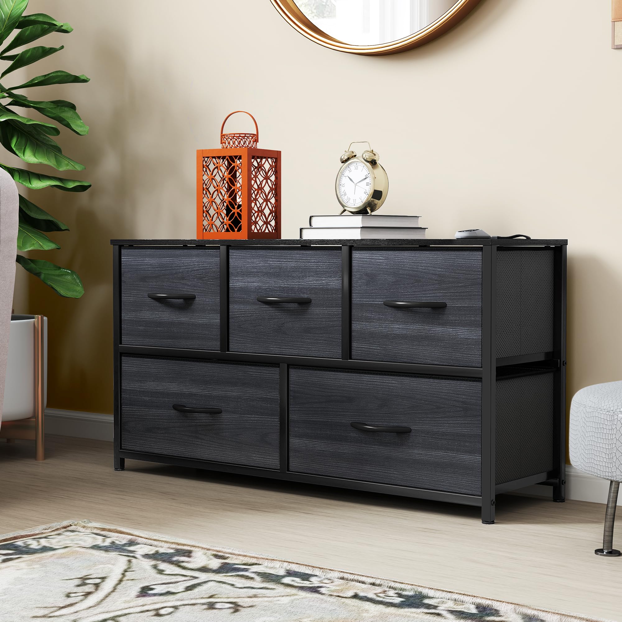 YITAHOME Wide Fabric Chest of Drawers with 5 Drawers, Easy Pull Handle, Sturdy Steel Frame, Charcoal Black