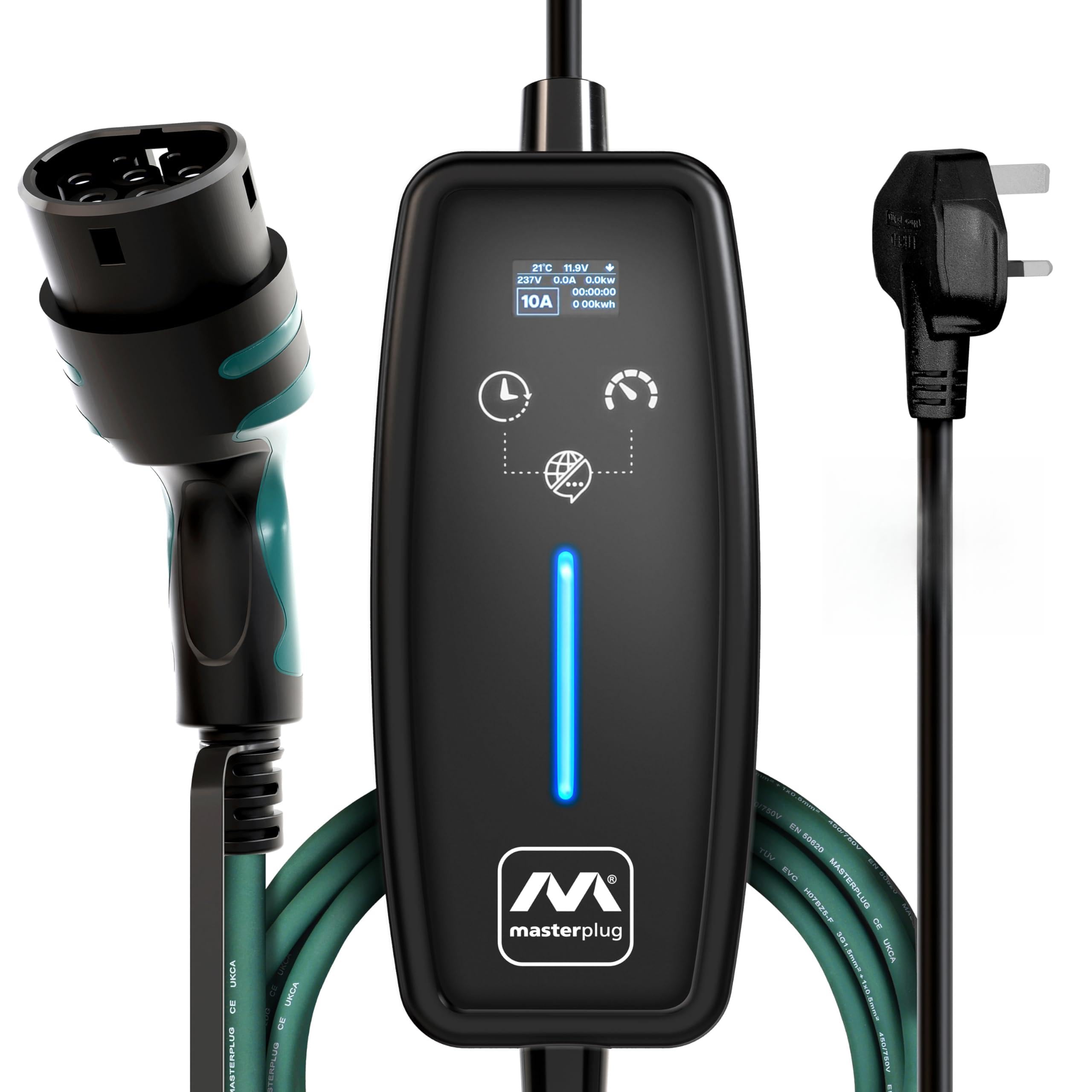 Masterplug EV Charging Cable for Electric and Hybrid Vehicles, 10 Metres, Mode 2, Delay Charging Function, 3 Pin