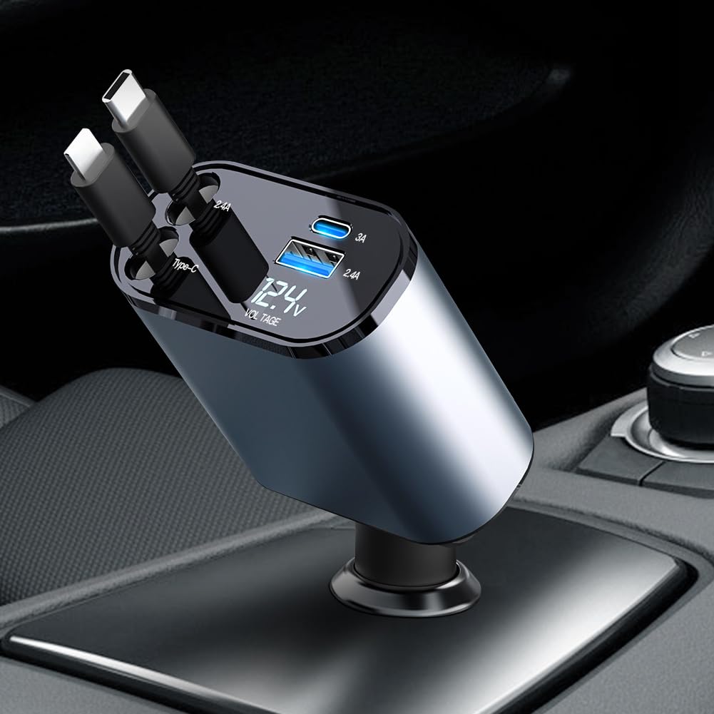 AXFEE Retractable 4 in 1 Fast Car Charger, 2 Port PD & QC 3.0 - USB C + Lightning Charger by Ouuze / FBA