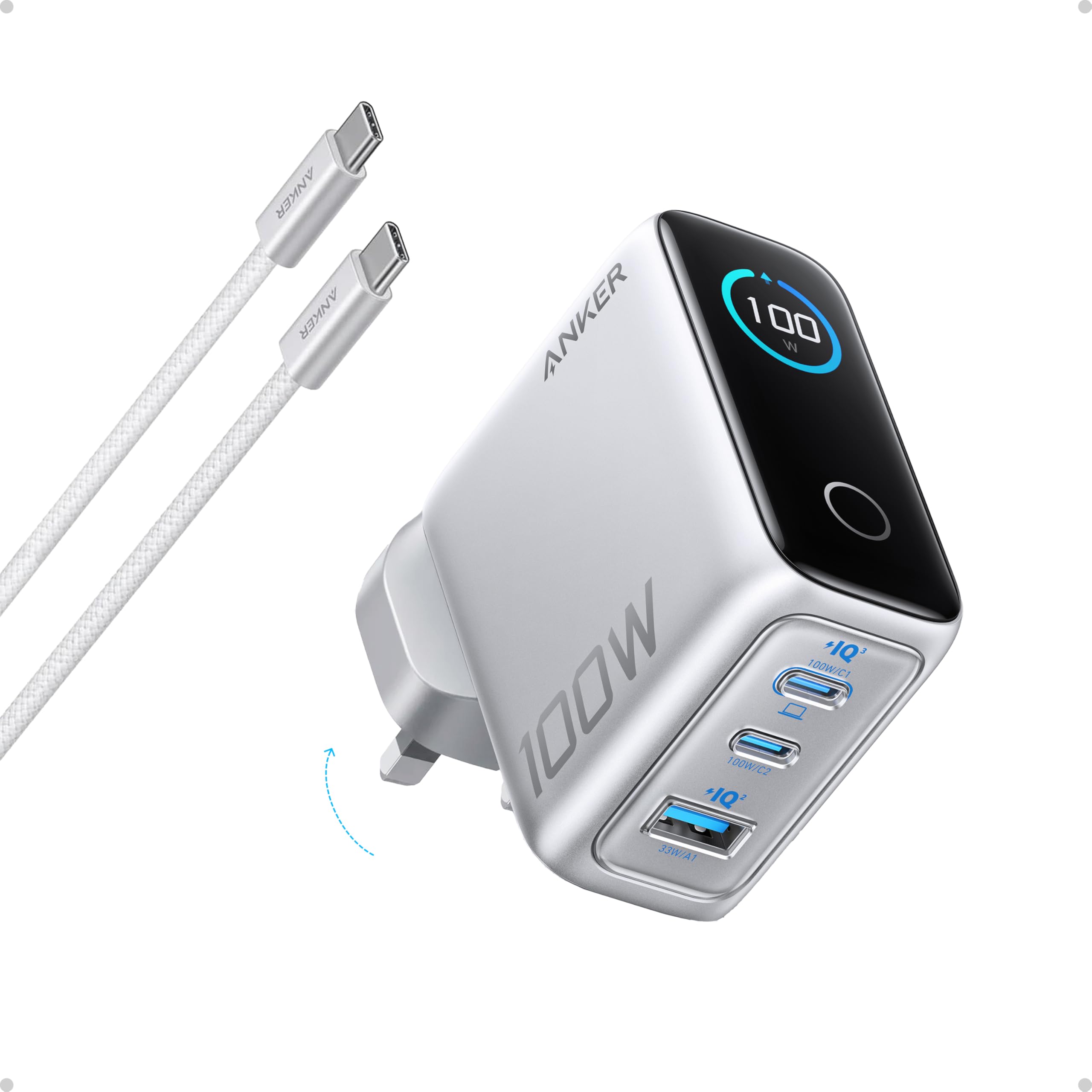 Anker 100W USB C Charger, 3-Port Fast Charger Plug, Ultra-Compact GaN Laptop Charger, Smart Display - Sold By AnkerDirect UK FBA