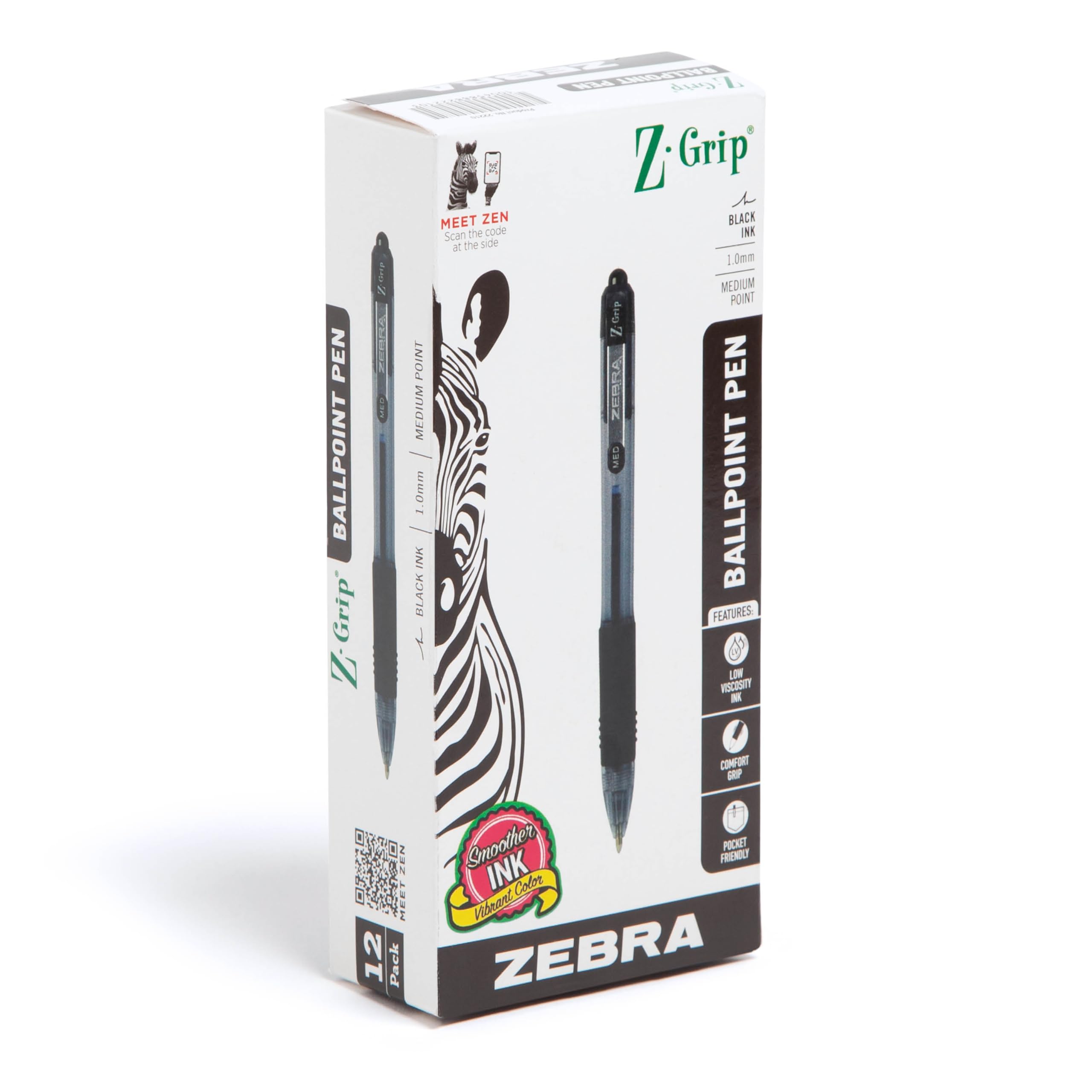 Zebra Pen Z-Grip Retractable Ballpoint Pen, Medium Point, 1.0 mm, Black Ink, Pack of 12 - (Discount at Checkout)