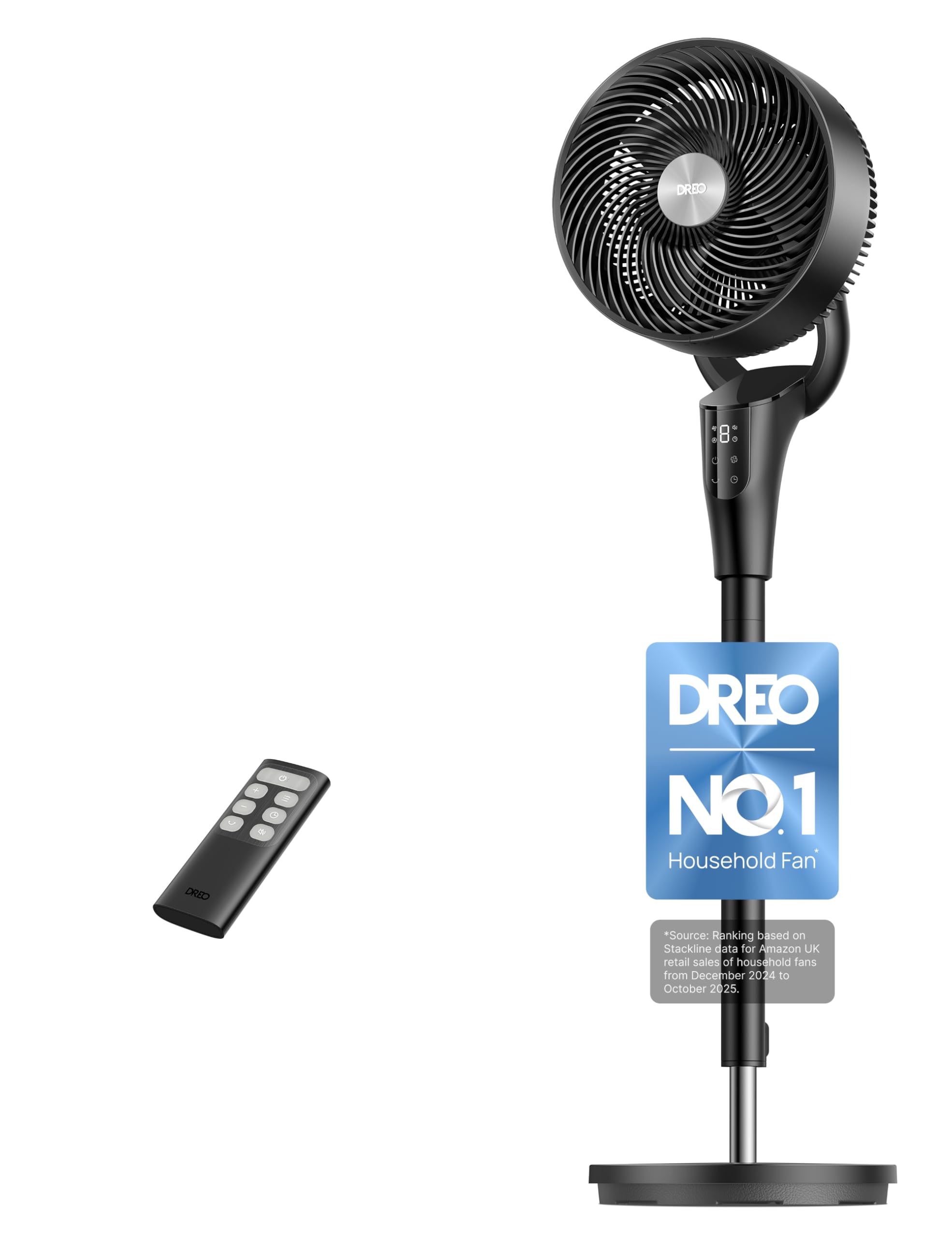 Dreo 42" Silent Standing Fan 20dB with Remote, 8 Speeds, 90° Oscillation, Timer & LED Display, Colours: Black/White (Upgraded Model)
