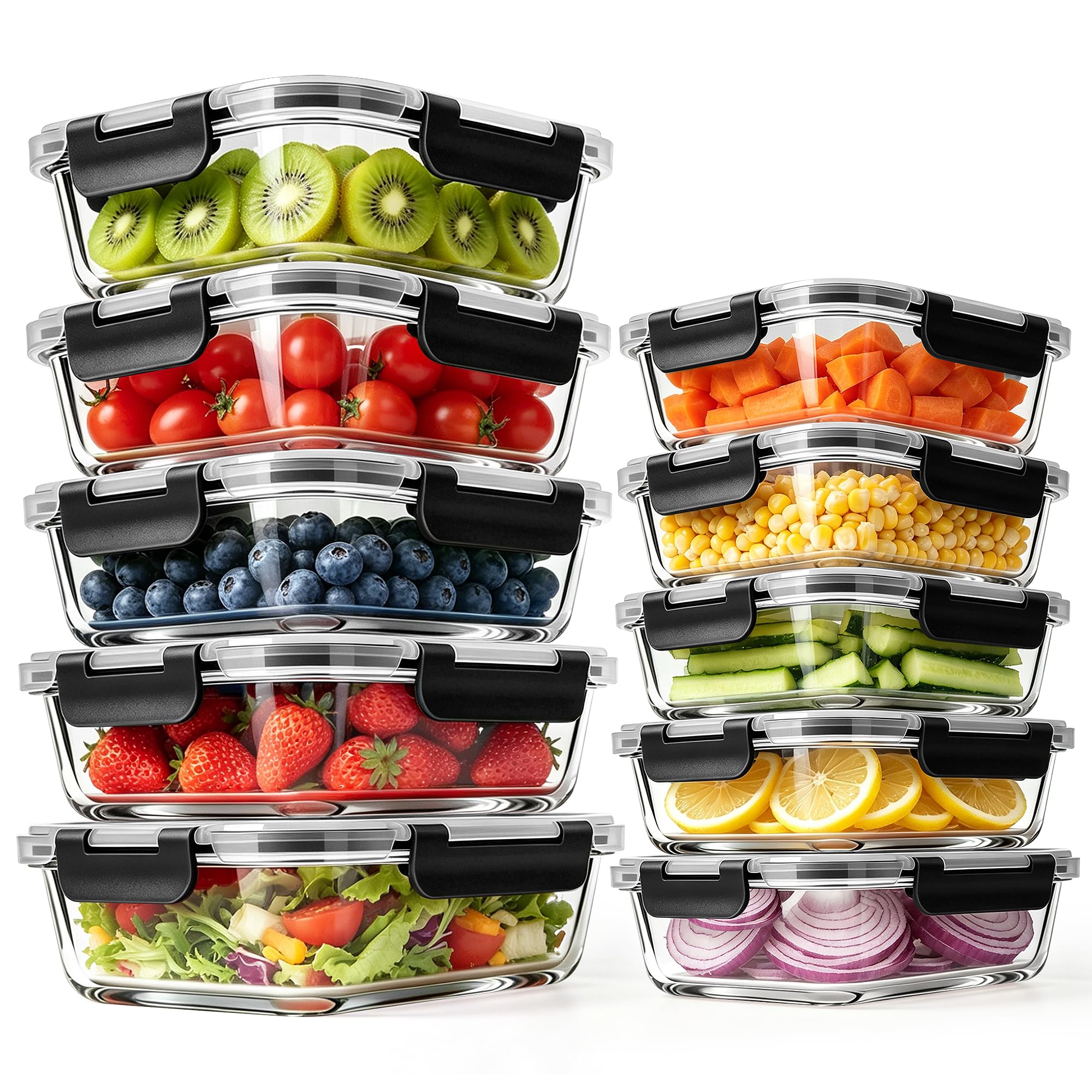 MEETOZ 10 Pack Glass Meal Prep Food Containers - Black / Colourful - Prime Price - Sold by yubb / FBA