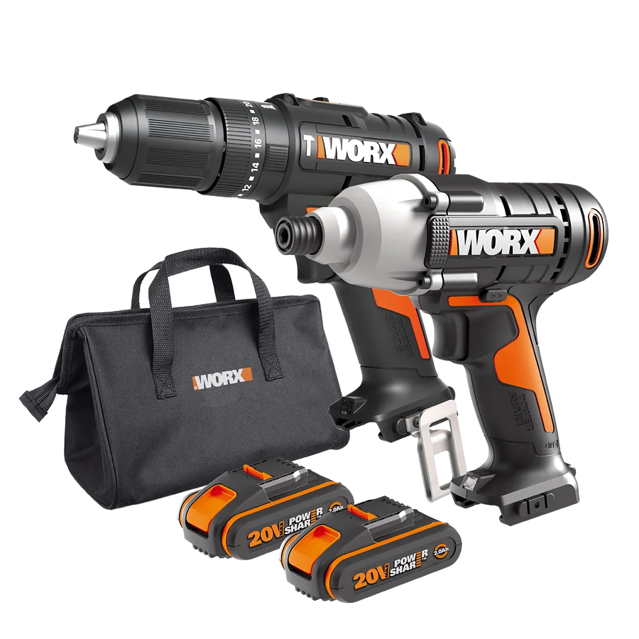Worx WX902 20V PowerShare Cordless Combi Drill & Impact Driver Kit with 2X 2.0Ah Batteries, Charger & Bag