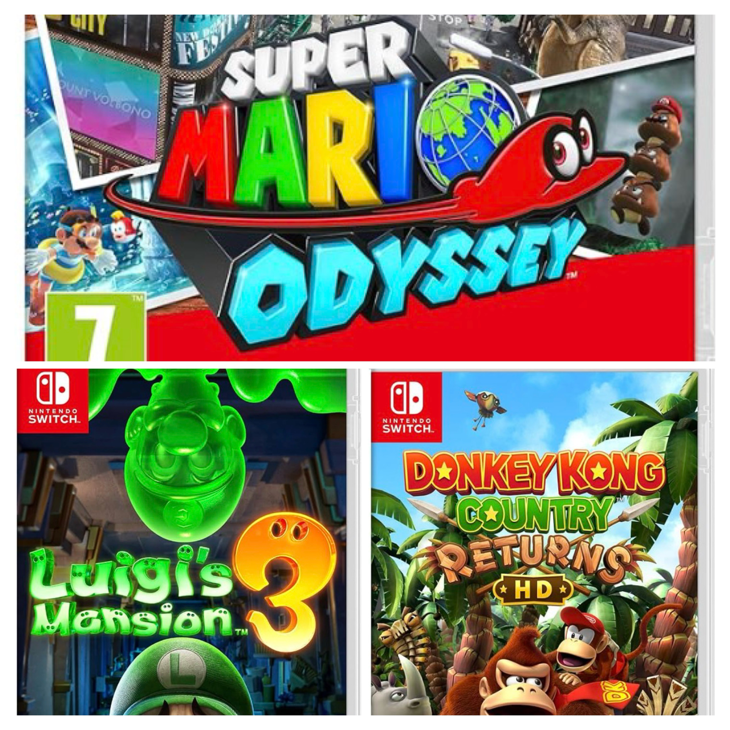 Donkey Kong Country Returns + Luigi’s Mansion 3 + Mario Odyssey (Switch Games Bundle)
