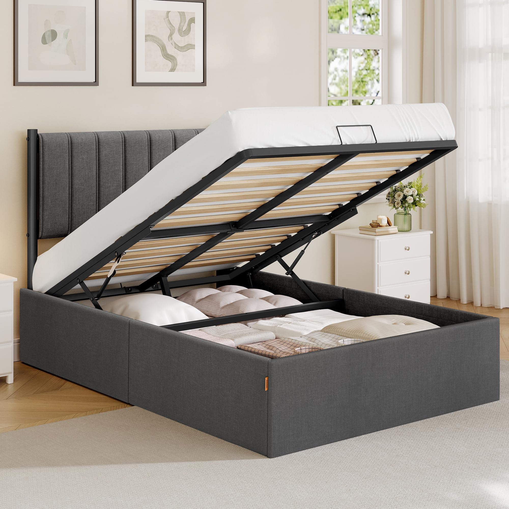 VASAGLE Small Double Bed Frame, 120 x 190 cm, Ottoman with Lift-Up Storage, Hydraulic Lift, Modern Minimalist
