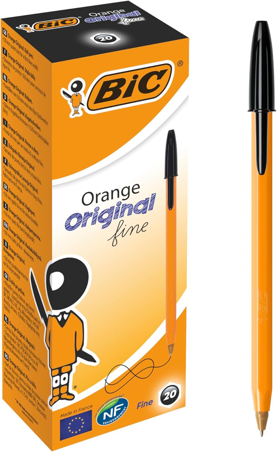 Bic Orange Fine Ballpoint Pens, Fine Point (0.8 mm), Blank Ink, Box of 20 - Writing Pens with Long-Lasting Ink, Black