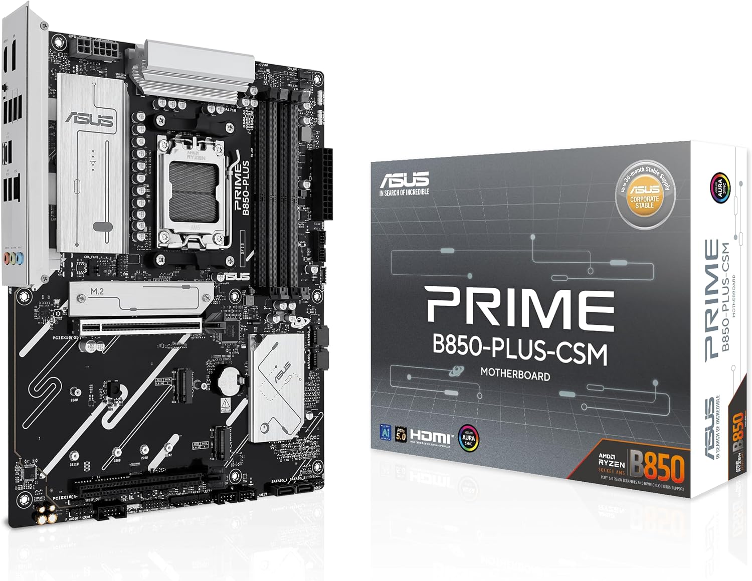 ASUS PRIME B850-PLUS-CSM, AMD ATX Motherboard, 8+2+1 VRM, DDR5 Slot, PCIe 5.0, 3 M.2 Slots, Wi-Fi 6E, Ethernet 2.5Gb, DP, HDMI, USB-C 10Gbps