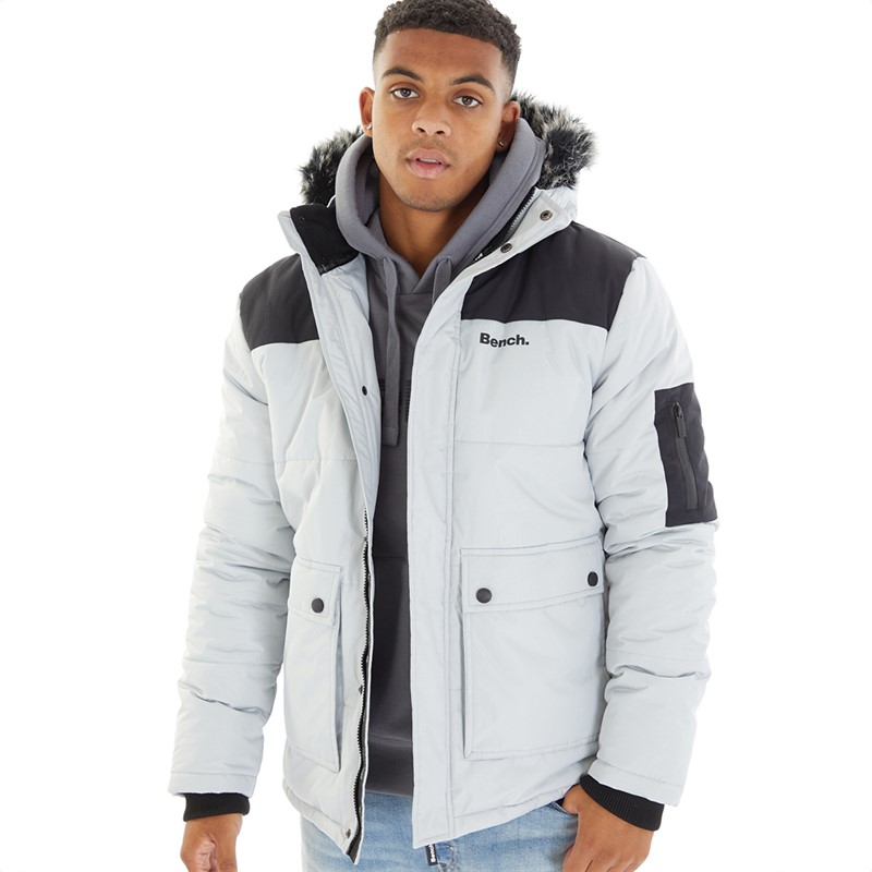 Bench Mens Tillor Fur Trim Hooded Padded Parka Frost Grey | Sizes S-M